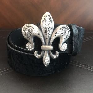 Royal Plush Fleur De Lis Swarovski Belt Buckle w/ Leather & Calf hair Belt Loop.